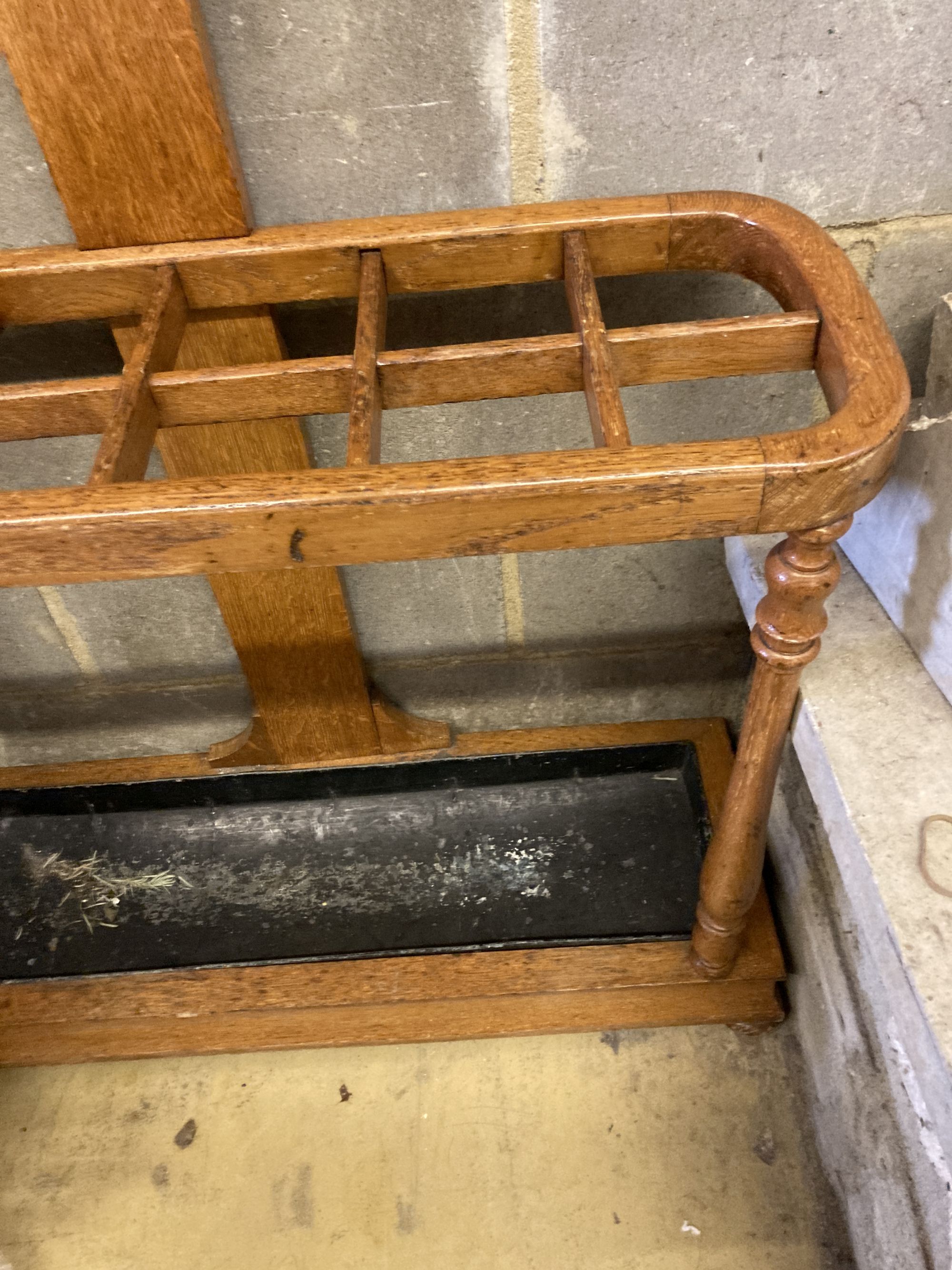 A Victorian oak hall stand, width 90cm, depth 32cm, height 196cm